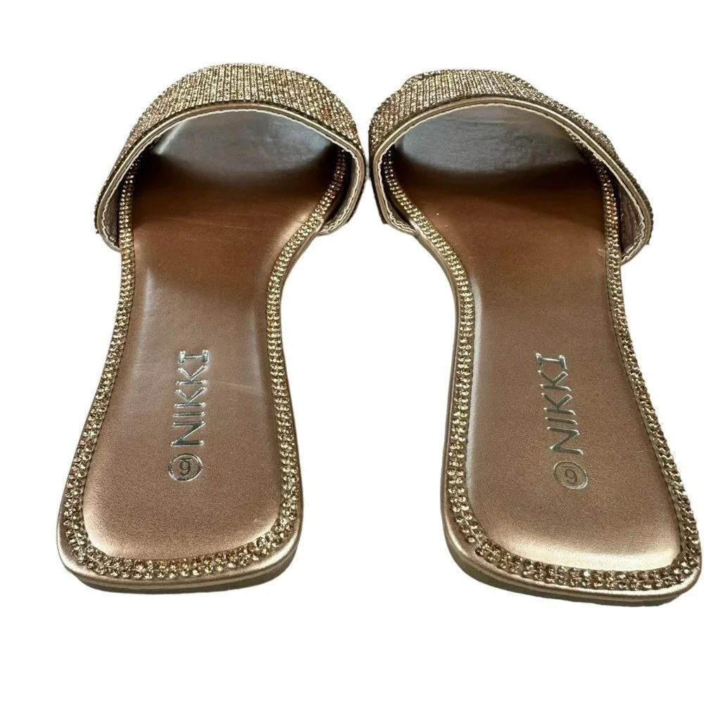 NIkki Women's Rhinestone Slide‎ Sandals Open Toe Flat Slip on Rose Gold Sz 6